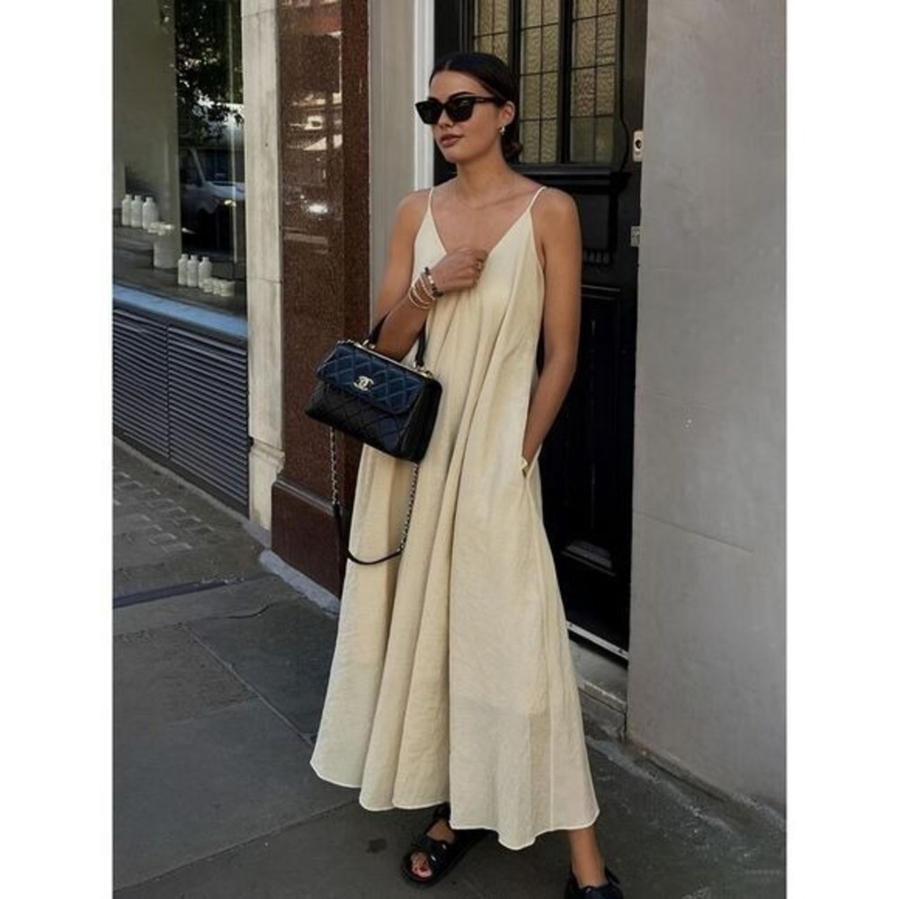 Commense Double Layers V-neck Long Dress color Apricot size XS
